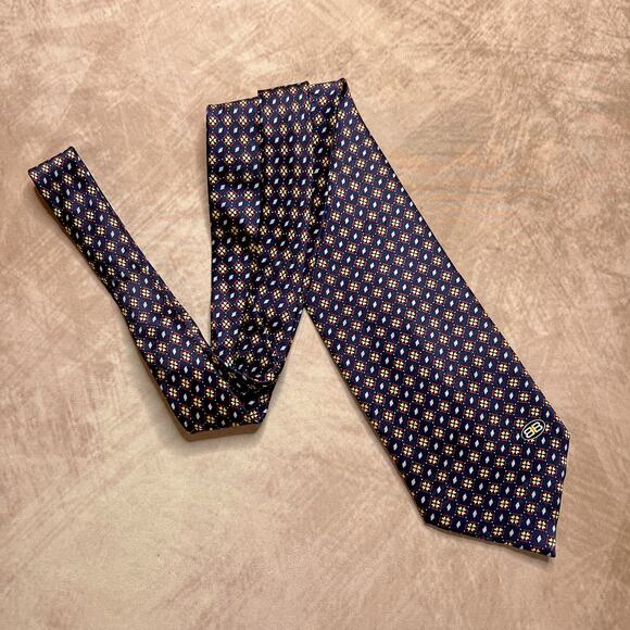 Balenciaga Paris Natural Silk Neck Tie Navy Geometric Vintage Formal Designer - Picture 6 of 8